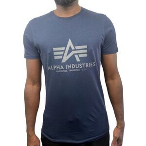 ALPHA INDUSTRIES Men's Navy Blue Grey Print Logo Crew Neck T Shirt US S-